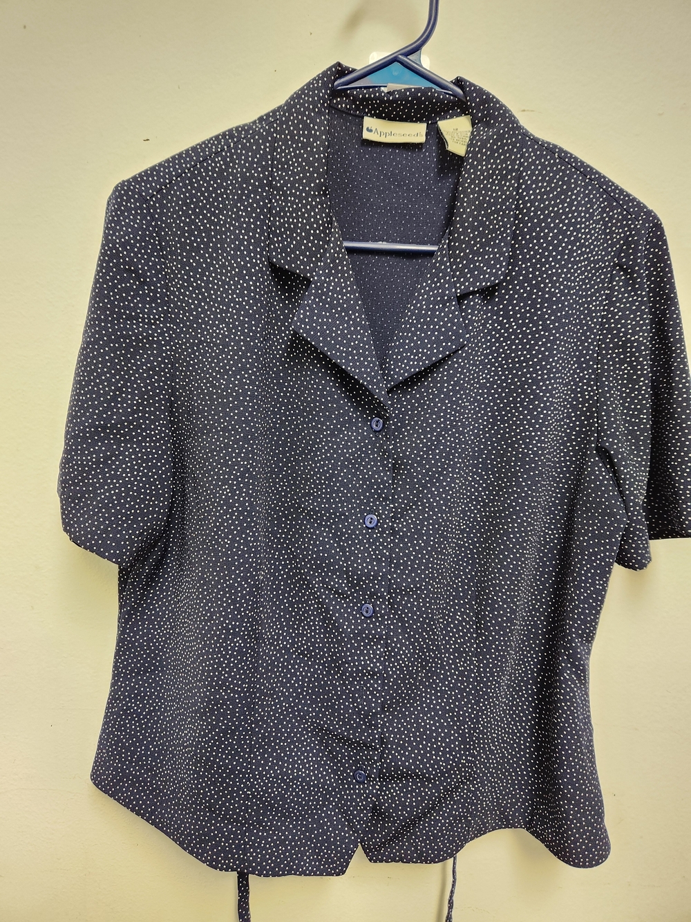 Apple Navy Polka Dot Short Sleeve Button-Up Top